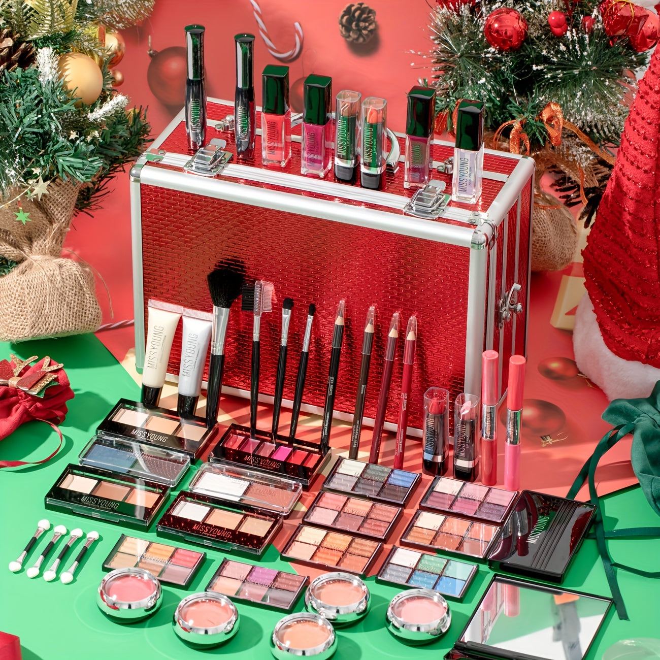 Luxury All-in-One Portable Makeup Case & Beauty Set with Mirror - Formula Multifunctional Travel Kit (Eyeshadow, Lip Liner, Blush, Eyebrow Pencil) in Brown/Berry/Coral/Green/Blue Tones - Professional Gift Box for Women for Red Tidesmit