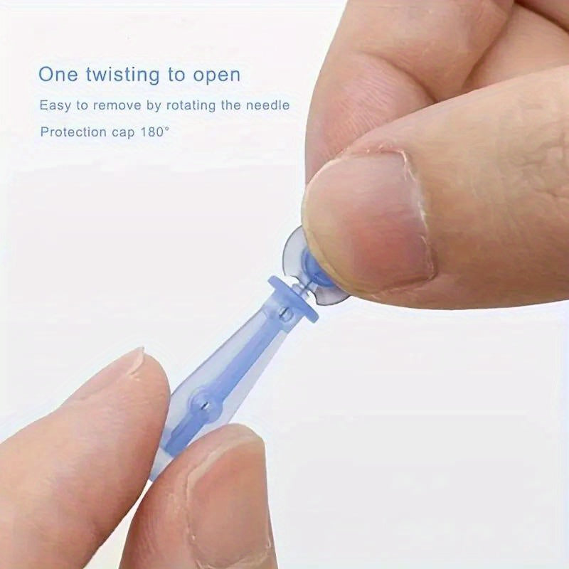 Fingers twisting a blue, translucent, disposable plastic acne needle with a safety cap for removal.