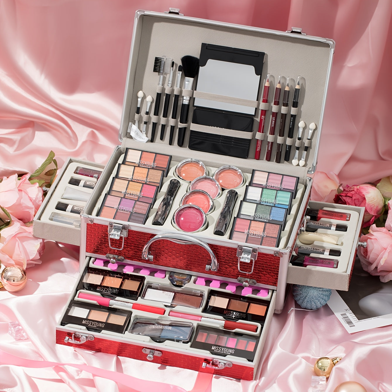 All-in-One Makeup Gift Set with Eyeshadow Palette, Lip Colors, Brushes & Creams - Complete Cosmetic Kit for Valentine'S Day, New Year'S Eve, Makeup Gift Set, Beauty Collection, Elegant Packaging, Highquality Brushes, Beauty E RED Tidesmit