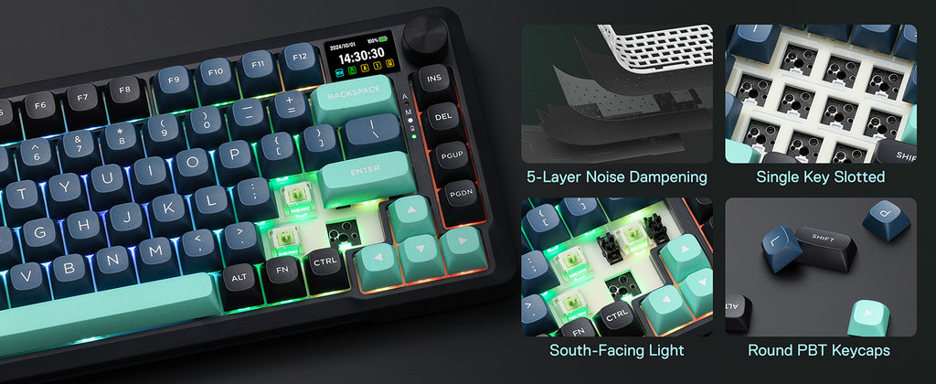 Redragon K724 PRO Wireless Gasket Gaming Keyboard w/Hype Screen & Knob, 81-Key Mechanical Keyboard, Mint Mambo Switches