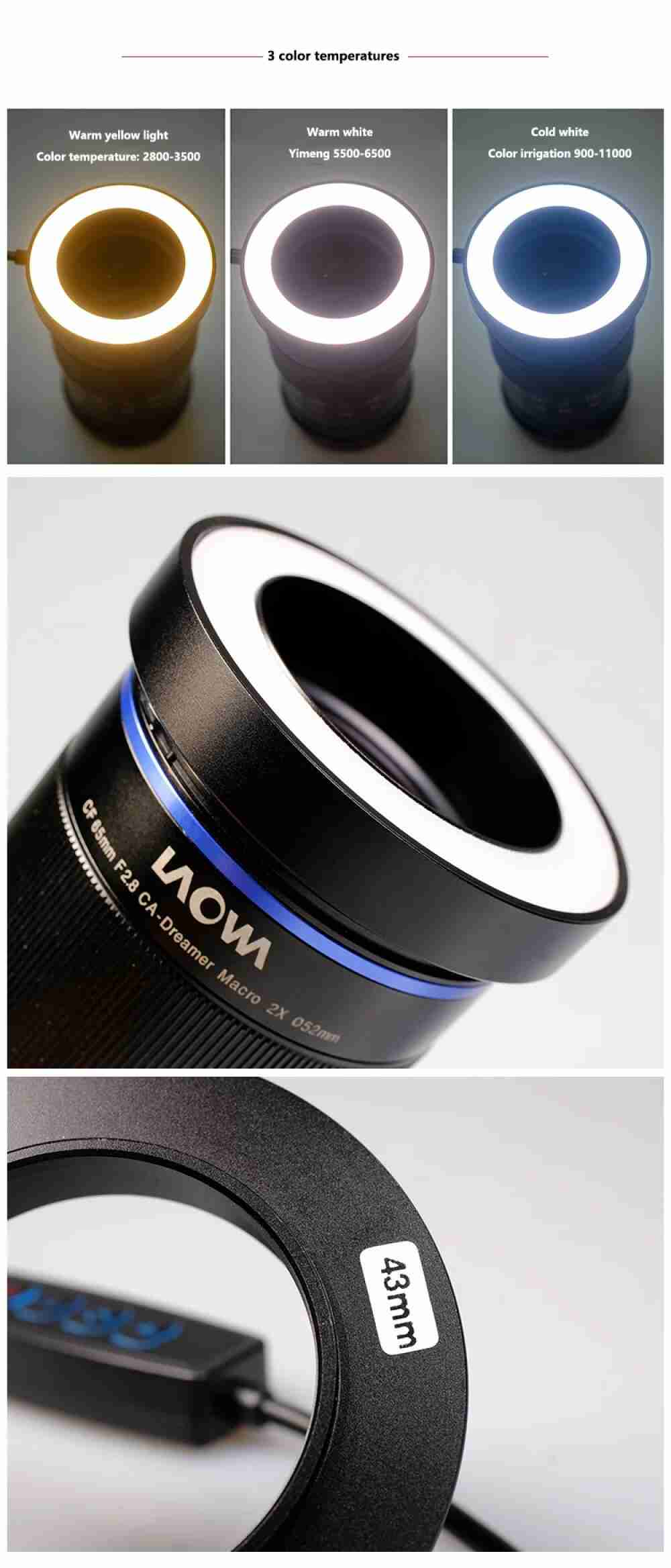 Black circular macro LED ring light for camera lenses, featuring three adjustable color temperatures.