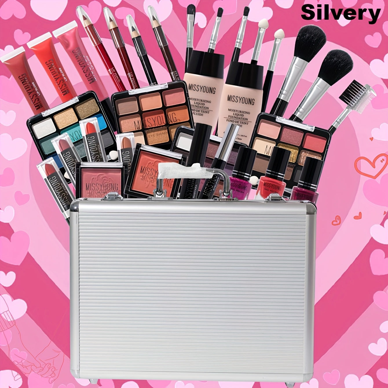 Silvery & Pink Professional Artist Makeup Bag: All-in-One Luxury Makeup Set | 10 Face Eyes & Lips Essentials + Travel Anti-Theft Organizer, Backstage to Ballroom Glamour In One Box, Instant Red Carpet, Halloween & Christmas. Silvery Tidesmit