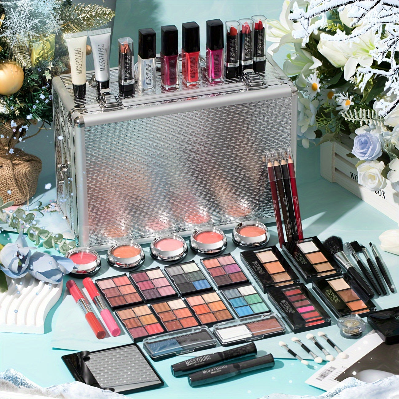 Luxury All-in-One Portable Makeup Case & Beauty Set with Mirror - Formula Multifunctional Travel Kit (Eyeshadow, Lip Liner, Blush, Eyebrow Pencil) in Brown/Berry/Coral/Green/Blue Tones - Professional Gift Box for Women for Silvery Tidesmit