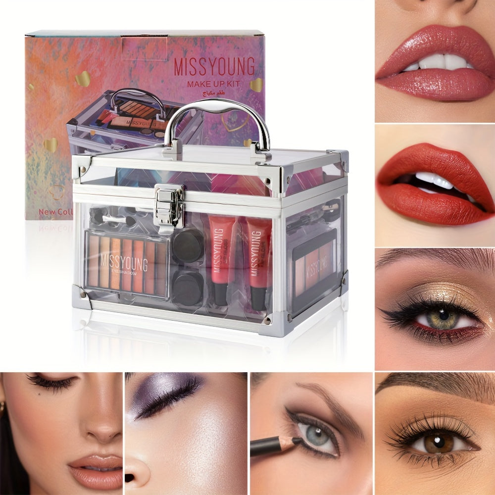 All in One Full Makeup Kit Aluminum Makeup Storage Case Train Case with Eyeshadow Palette Eye Pencil Contour Powder Lipsticks Lipgloss Eyeshadow Cream Applicator Sharpener Mirror, Makeup Gift Set for Women Girls & Teens,Easy Tidesmit