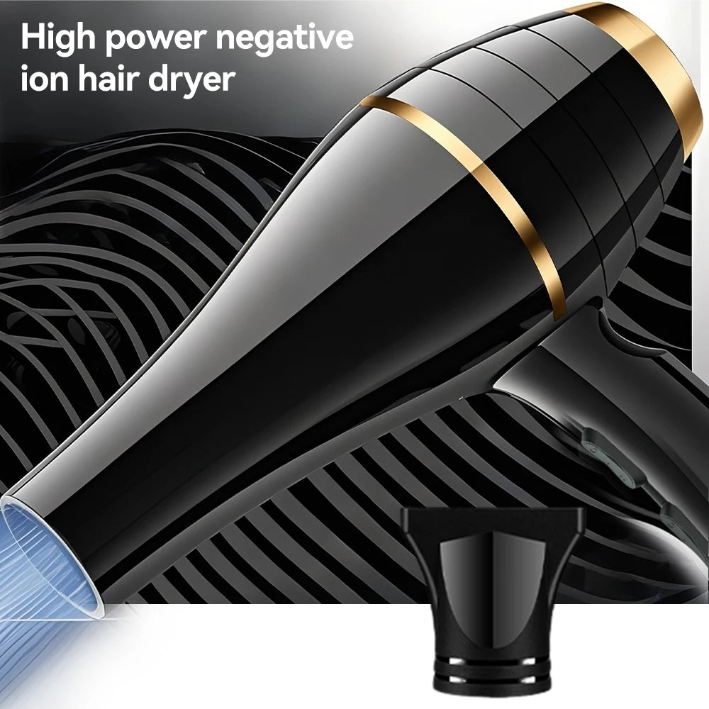 1800W professional black and gold ionic hair dryer with styling nozzle for fast, quiet drying.