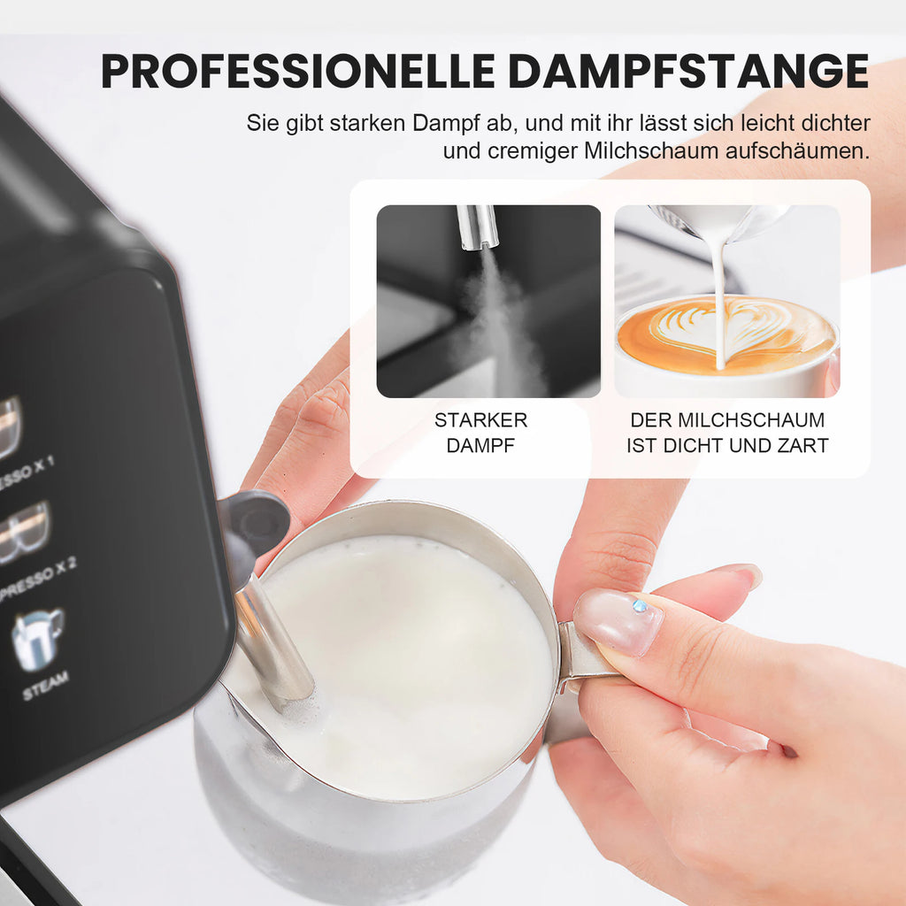 Black espresso machine with stainless steel steam wand frothing milk for lattes and cappuccino coffee.