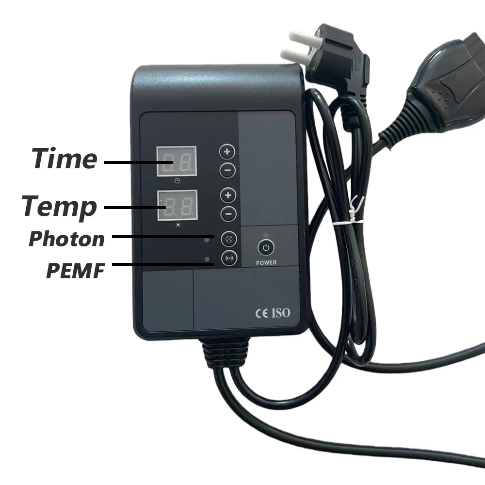Black rectangular digital controller for PEMF and photon therapy with time, temperature, and power settings.