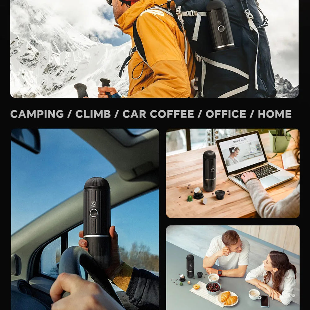 Portable black handheld espresso coffee maker for travel, camping, and office use.