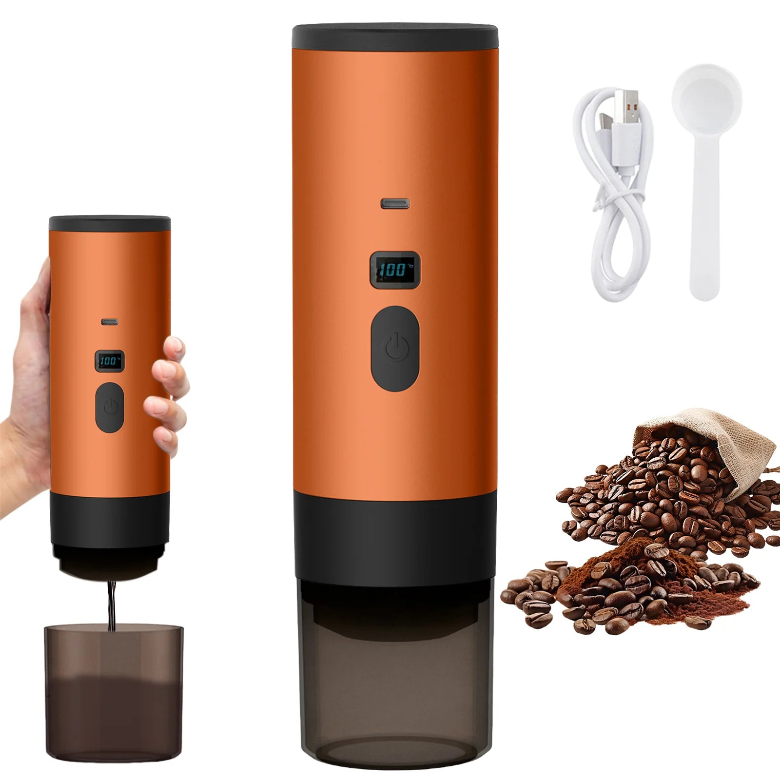 Portable orange electric coffee grinder with digital display, USB charging cable, and coffee beans on white background.