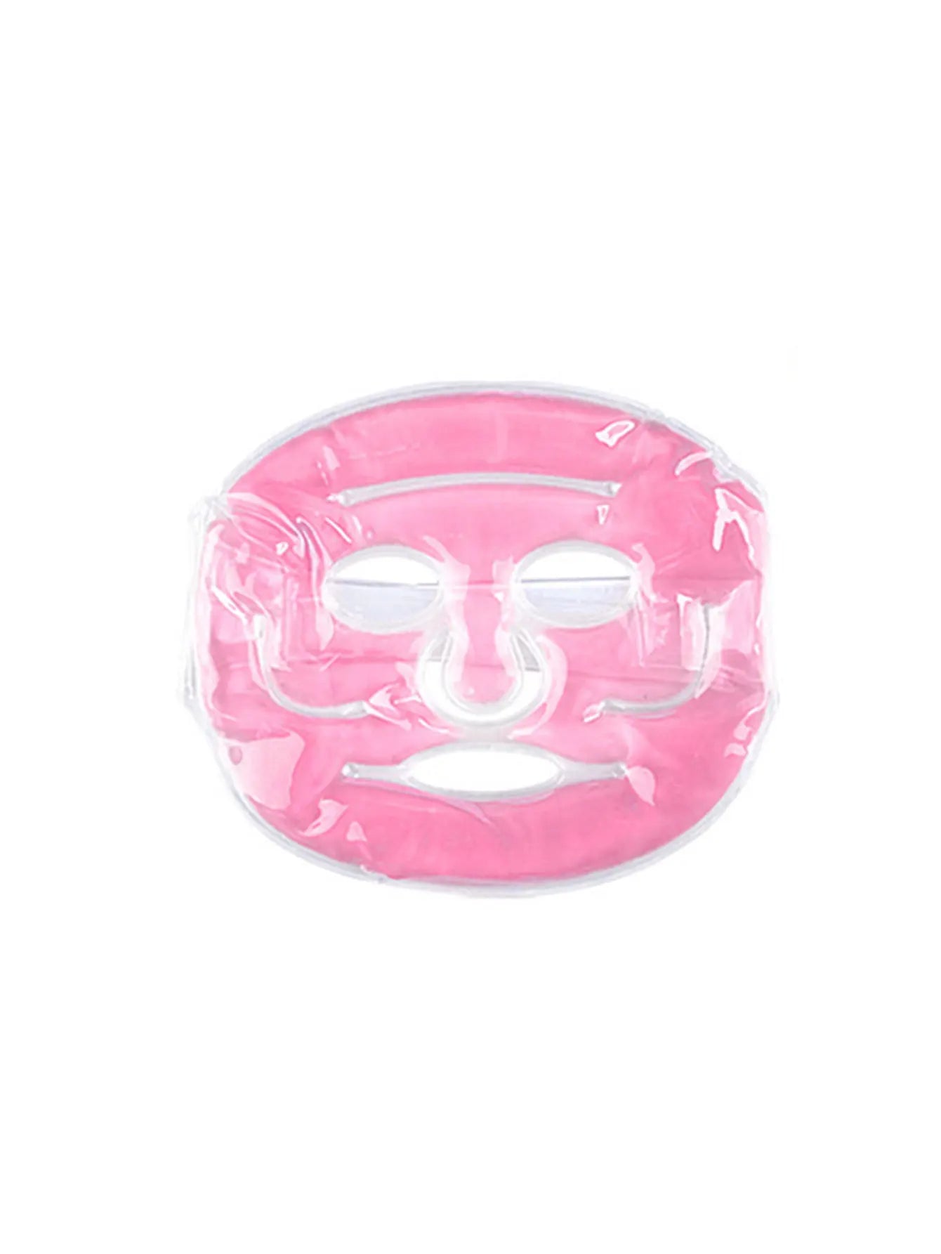 Pink, clear gel face mask for cooling or heating therapy with eye, nose, and mouth cutouts on a white background.