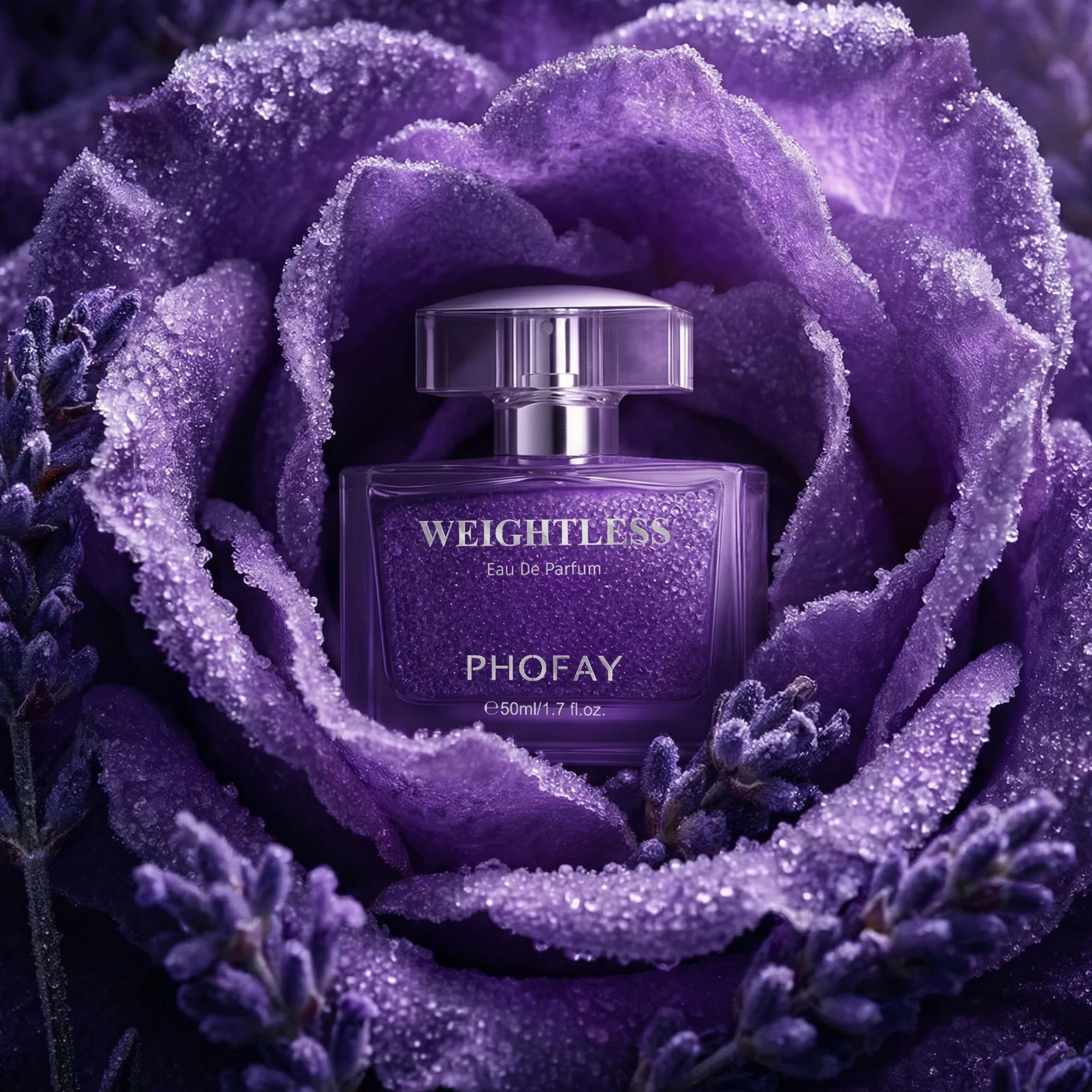 Weightless by Phofay: Floral EDP for women, rose & jasmine scent in a sleek square bottle nestled in purple flowers.