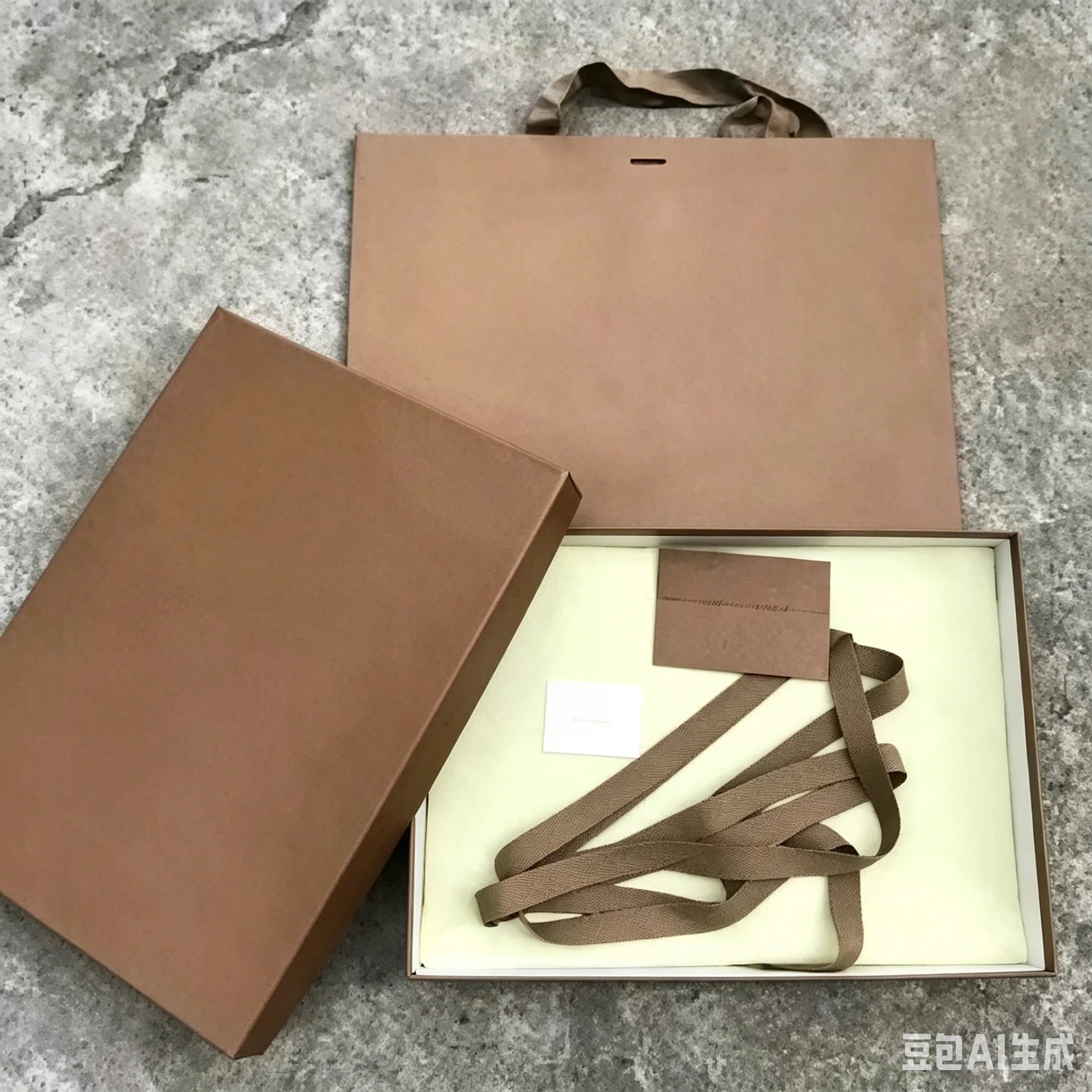 Brown luxury trunk presentation box with paper carry bag, protective inner wrapping, and ribbon for designer handbags.