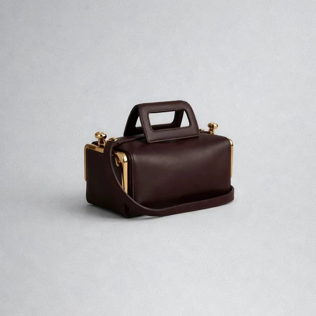 Dark brown designer handbag, retro PU leather pillow style with gold frame clasp, top handle, and shoulder strap.