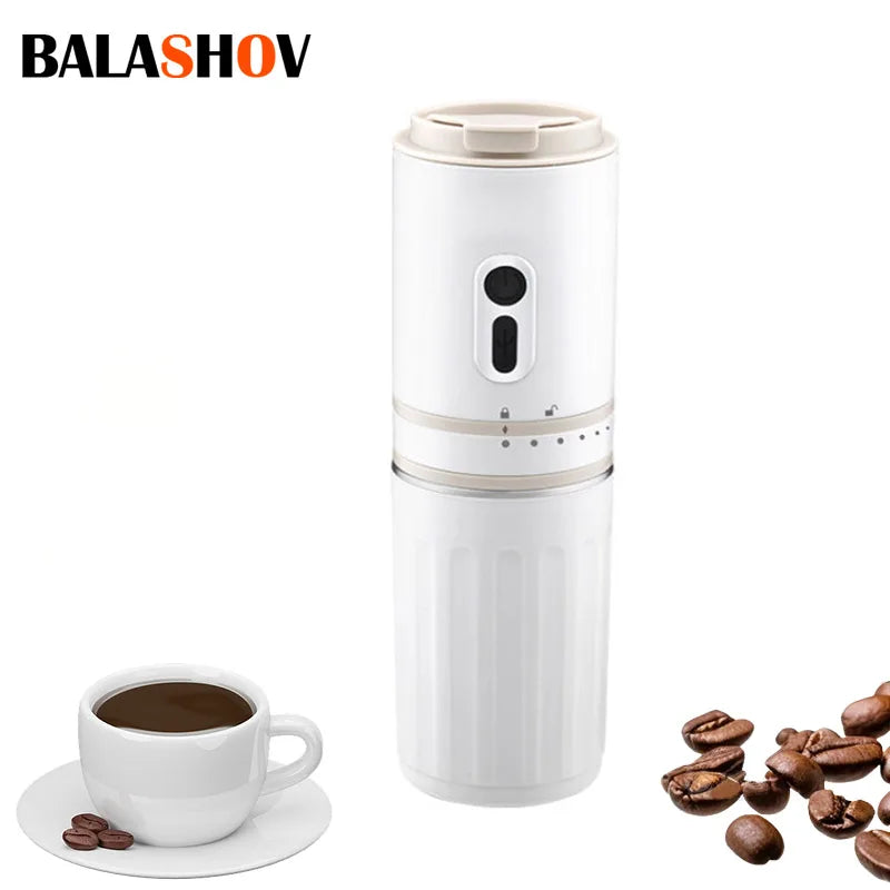 Balashov white portable electric coffee grinder and maker with sleek design, mug, and scattered coffee beans.