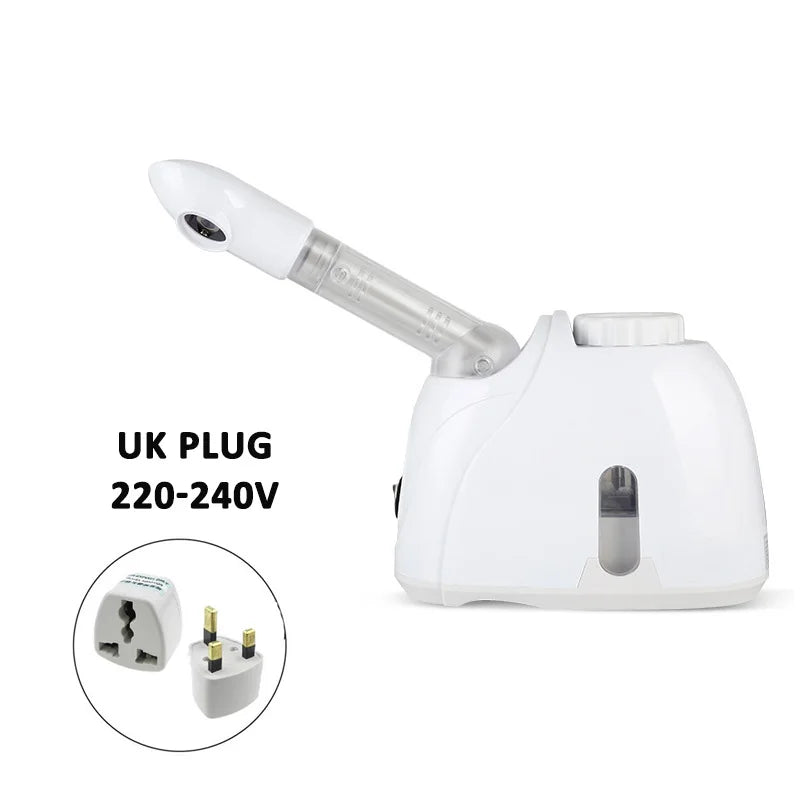 White ozone facial steamer for home spa with adjustable arm, deep cleaning warm mist vaporizer and UK plug adapter.