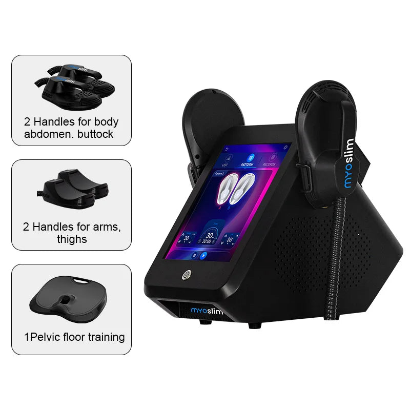 Myoslim body sculpting machine with a digital touchscreen, black housing, and attachments for targeted muscle training.