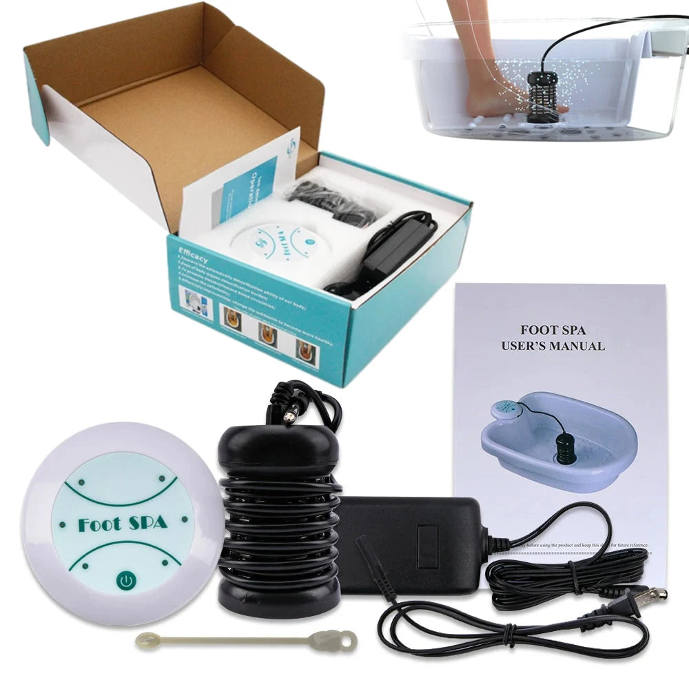 Ionic foot detox spa machine kit with control unit, black ion array, power adapter, and user manual for home therapy.