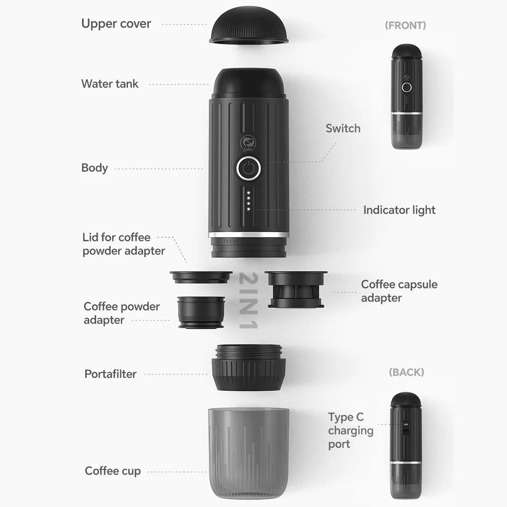 Exploded view of a black 2-in-1 portable espresso maker with coffee powder and capsule adapters and charging port.