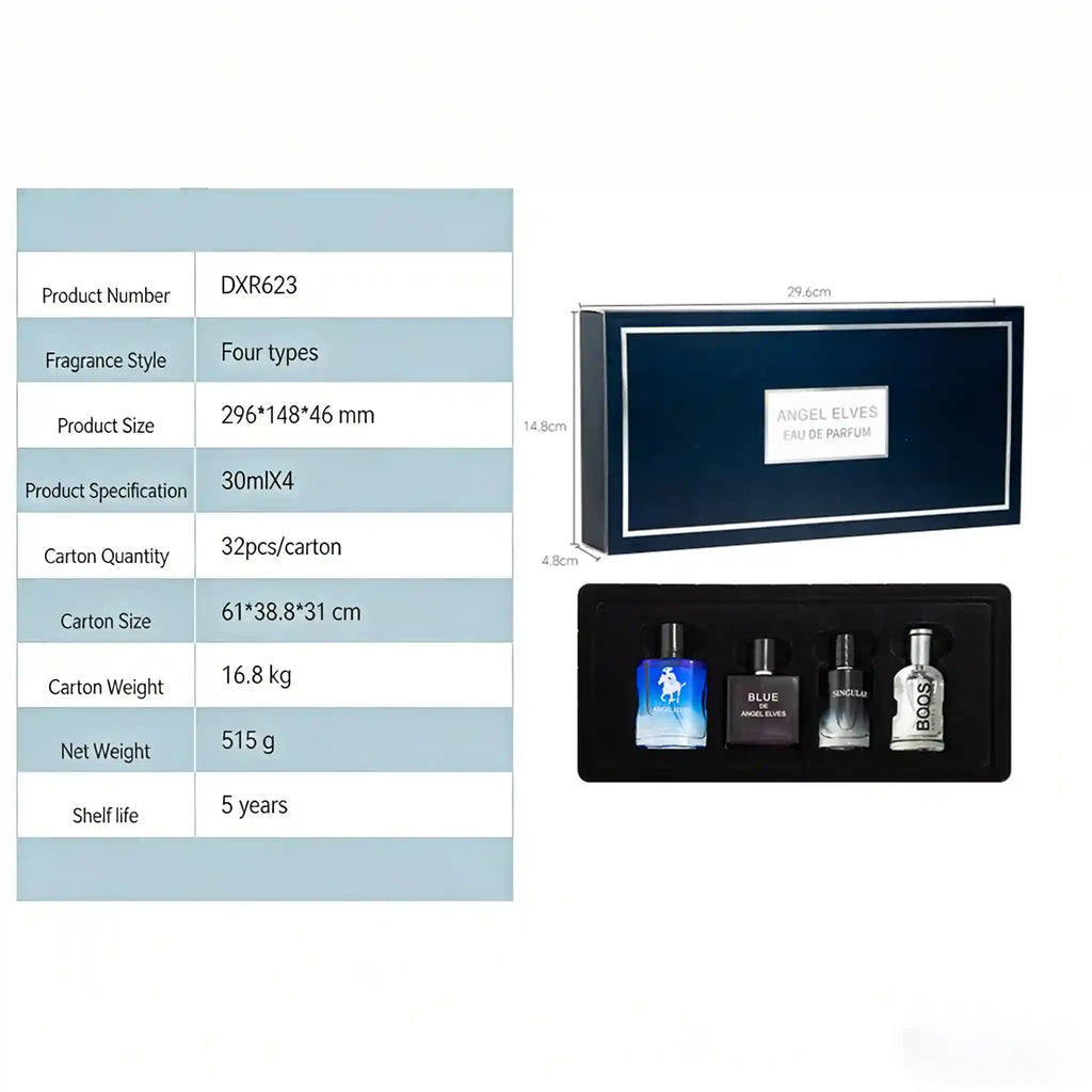 Angel Elves Men's Perfume Gift Set: 4-piece long-lasting Eau de Parfum collection in elegant glass bottles.