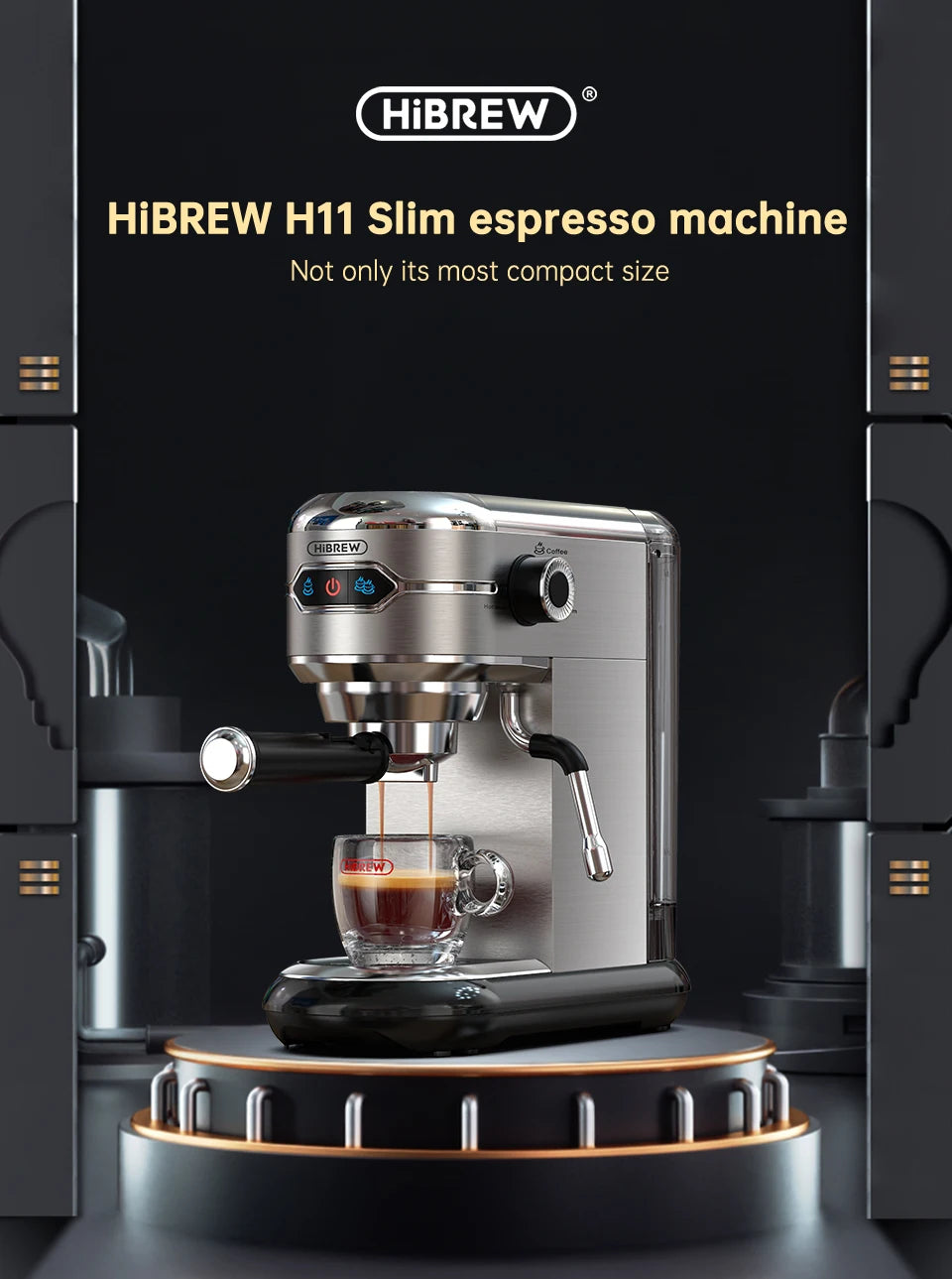 HiBREW H11 slim stainless steel espresso machine brewing coffee into a glass cup on a pedestal base.