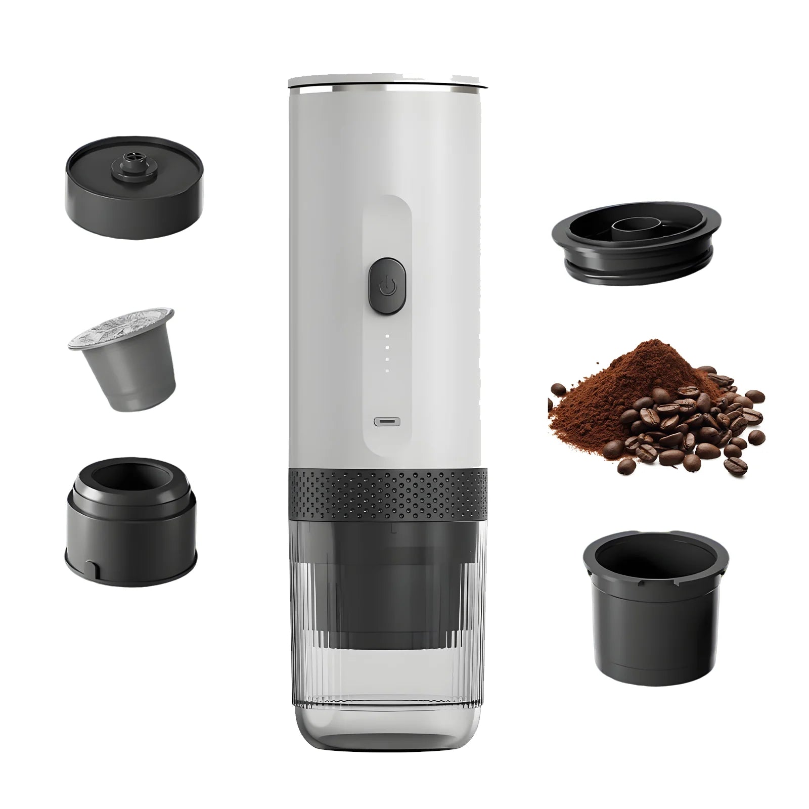 White portable electric espresso maker with black accessories, coffee grounds, and capsule filter on white background.