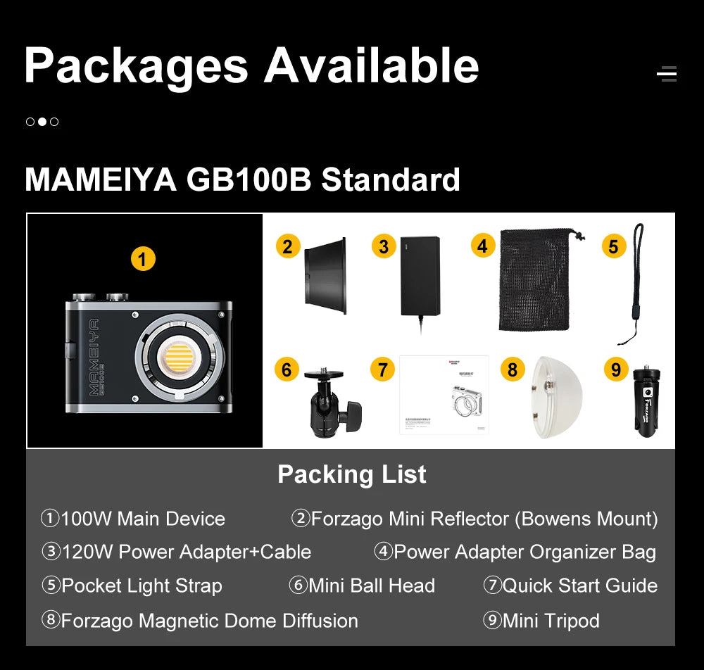 MAMEIYA GB100B video light kit including a 100W light, reflector, power adapter, bag, strap, ball head, and mini tripod.