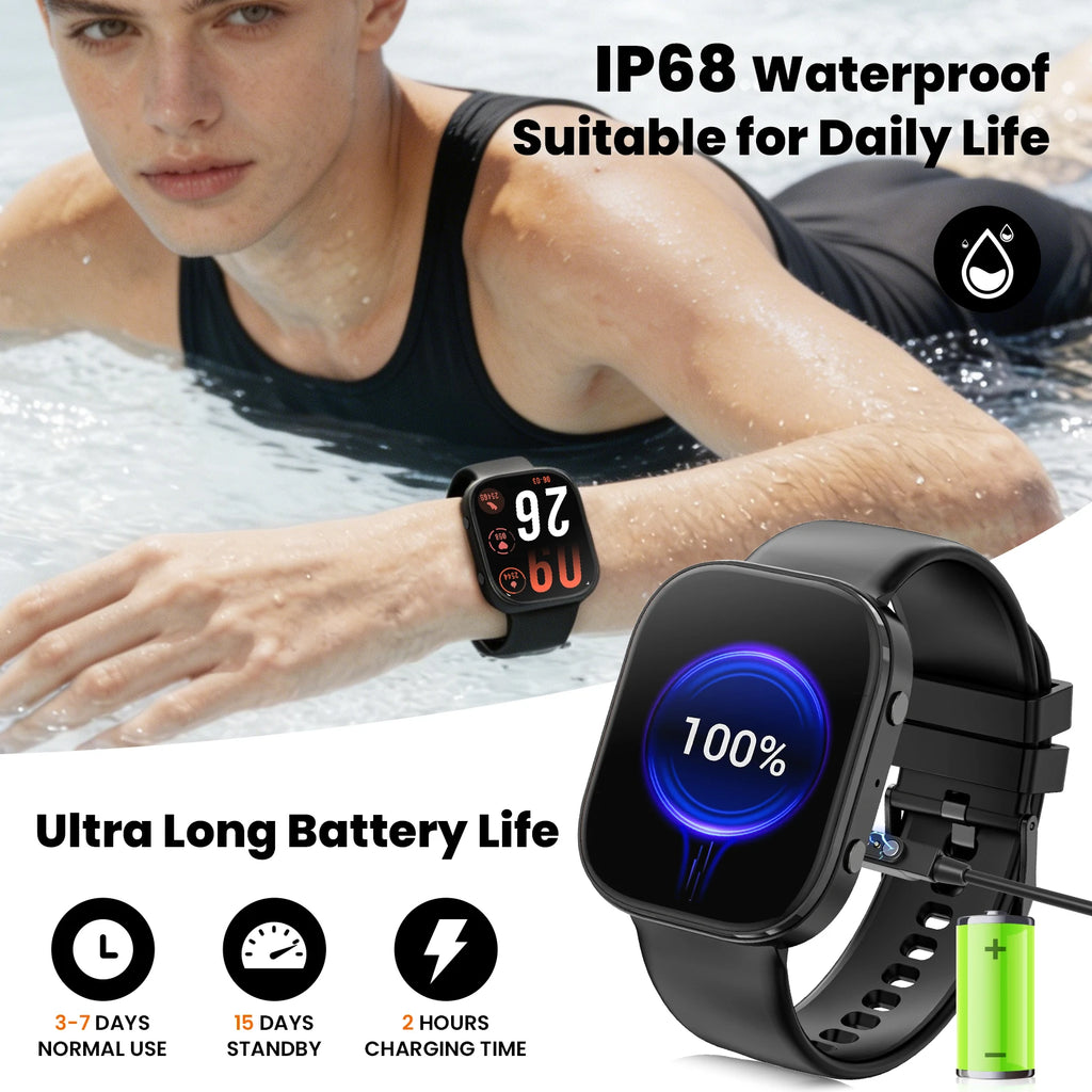 Men Smart Watch 1.88 Inch HD TFT Large Screen Bluetooth Dial Answer Call IP68 Waterproof Fitness Tracker 24H Sleep Health Monitor DIY Custom Watch Faces Multi Sports Modes Ultra Long Standby Smartwatch For Android IOS