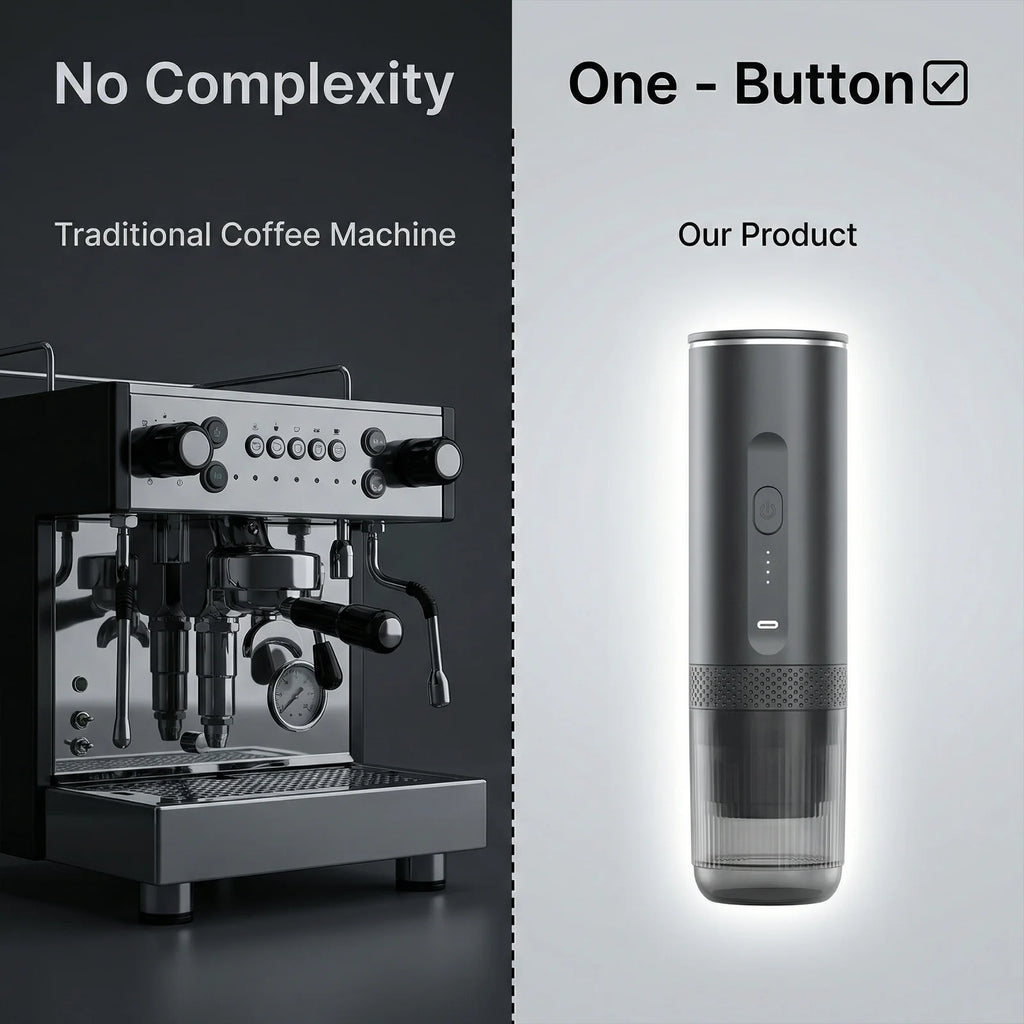 Portable dark grey one-button electric coffee maker compared to a complex traditional espresso machine.