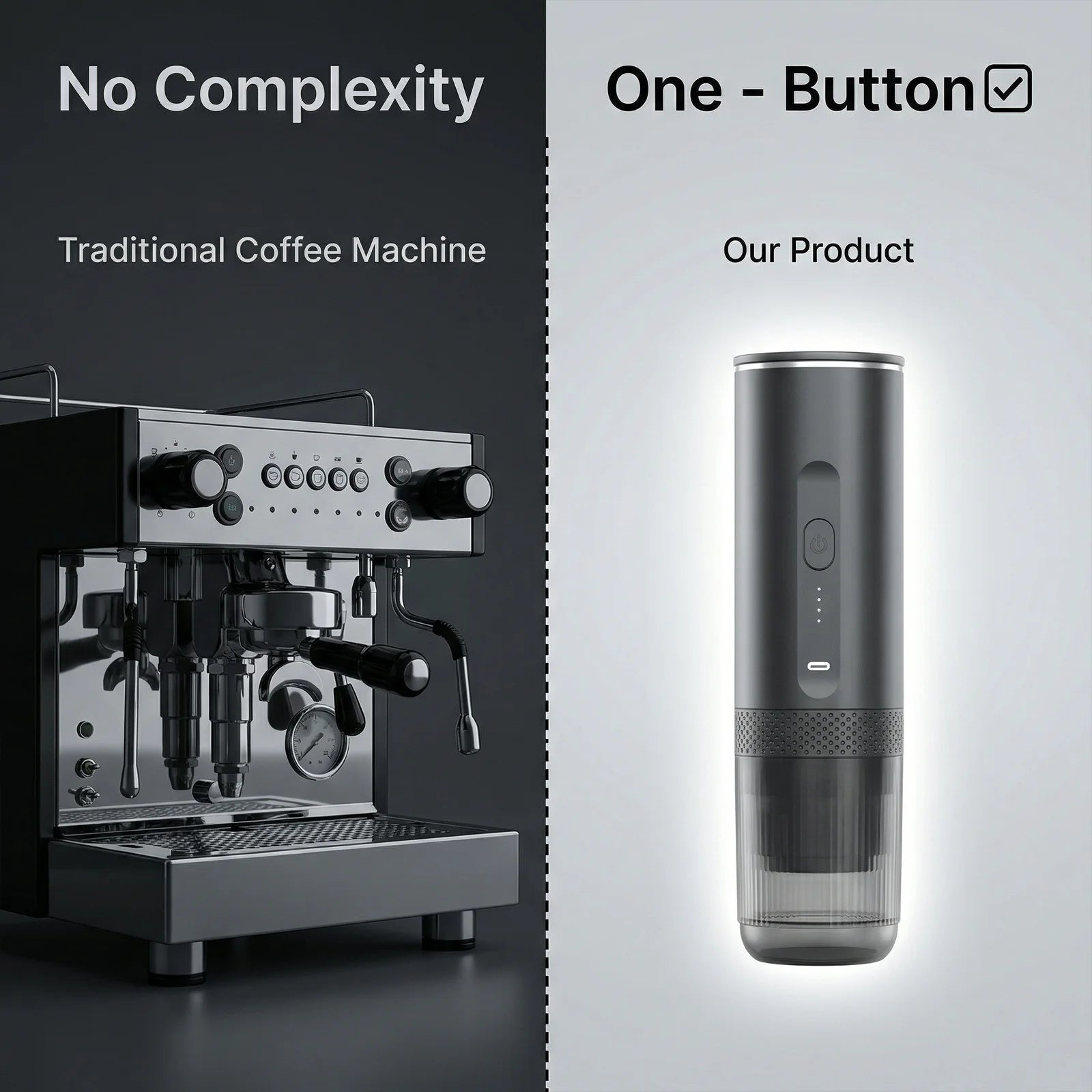 Portable dark grey one-button electric coffee maker compared to a complex traditional espresso machine.