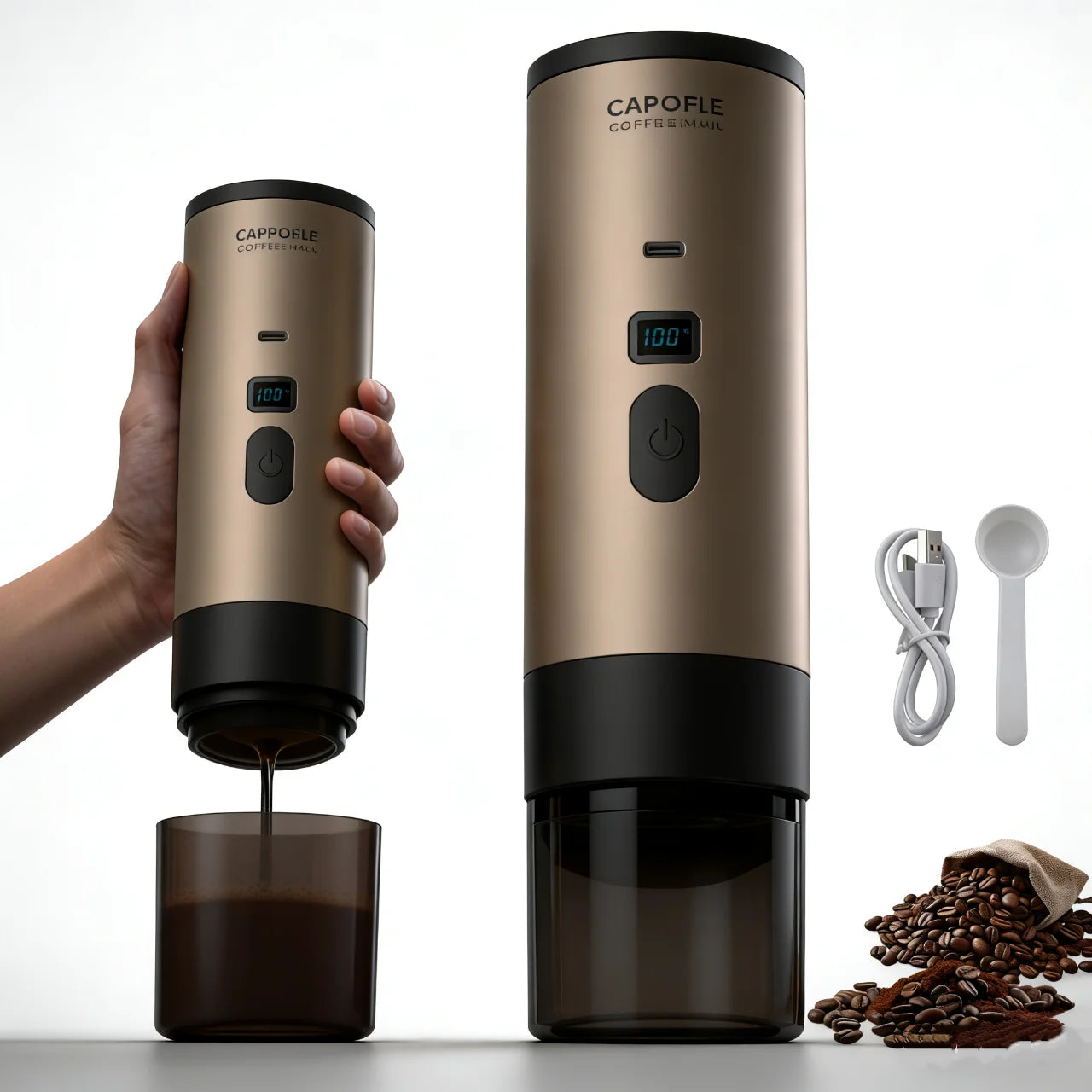 Capofle portable gold electric coffee maker with digital display, USB-C charging cable, and coffee beans.