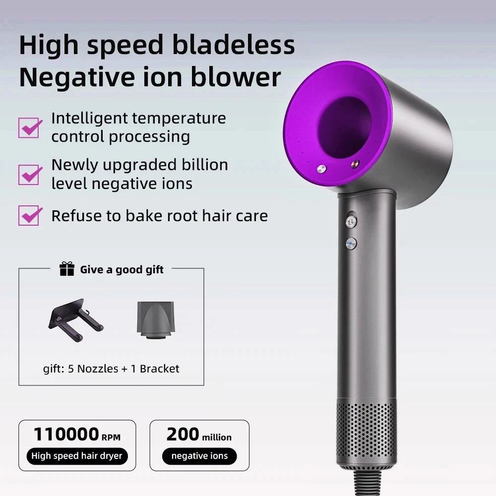 Silver & purple high-speed bladeless negative ion hair dryer with 5 styling nozzles and wall bracket for quick drying.