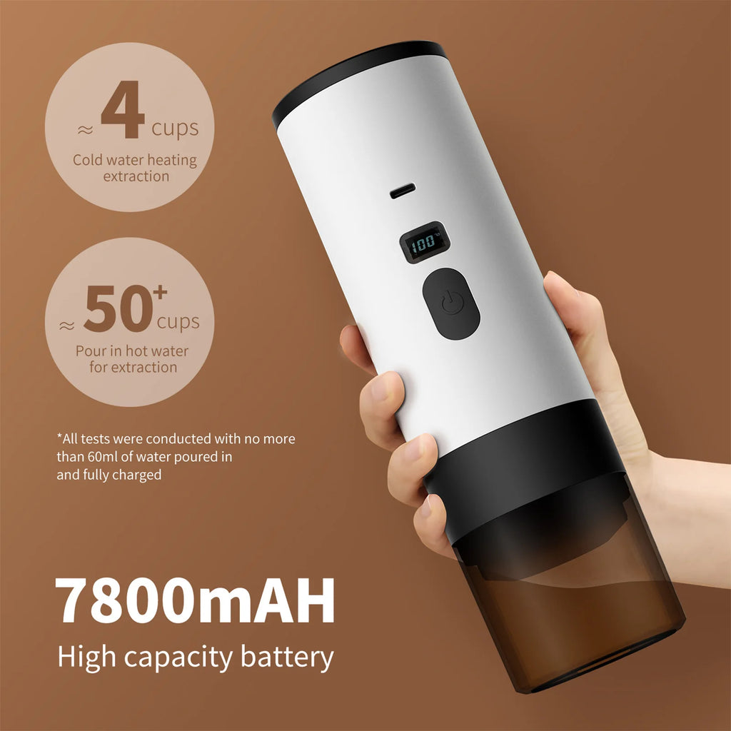 Portable electric coffee maker in white with 7800mAh battery, digital display, and transparent base for travel.