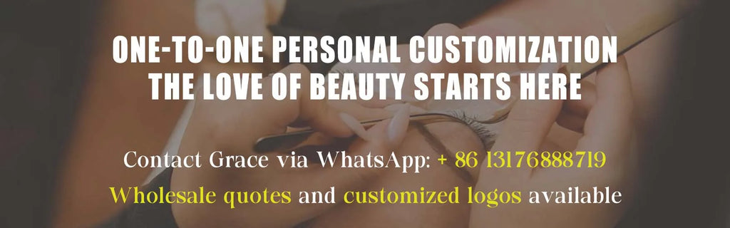 Hands holding tweezers applying black lash extensions with text overlay about customization and wholesale contact info.
