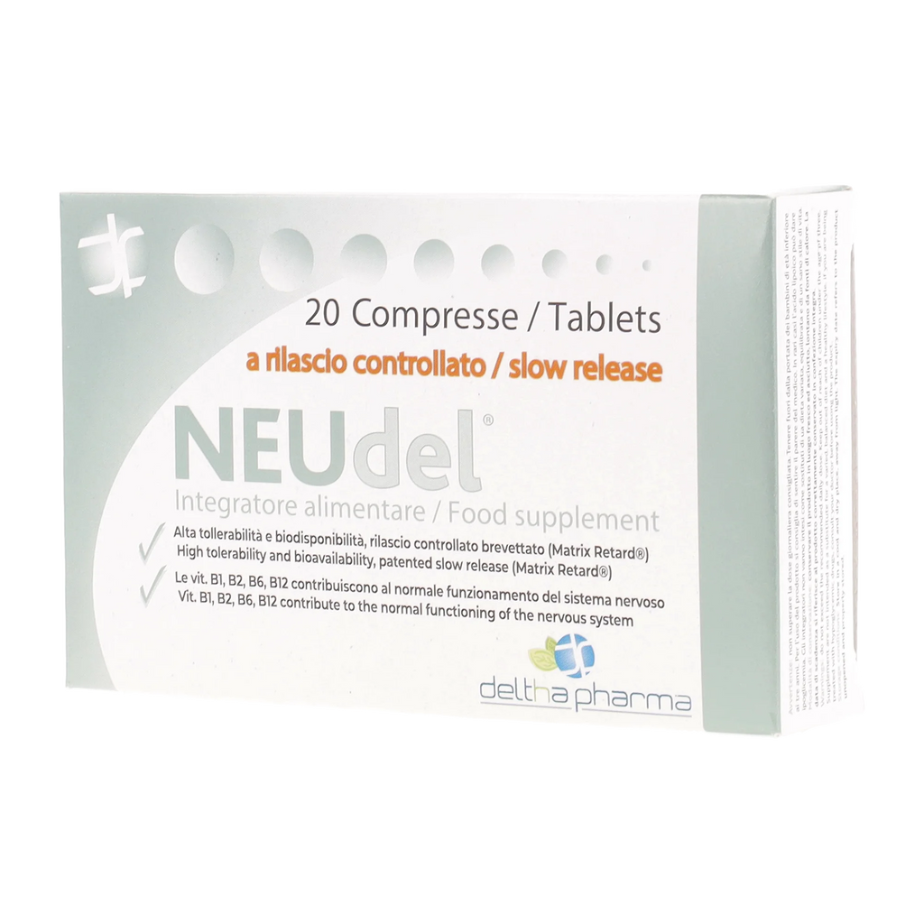 Deltha Pharma NEUdel 20 tablets: Alpha Lipoic Acid and B vitamins supplement for nervous system support by Tidesmit.
