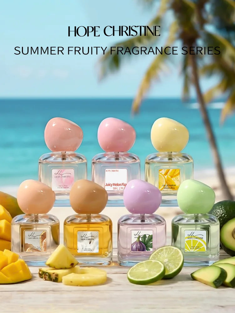 Hope Christine summer EDP perfume collection: citrus, pomelo, vanilla coconut scents in pebble-cap glass square bottles.