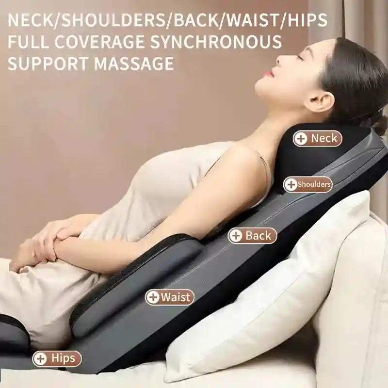 Woman reclining on a grey, ergonomic full-body massage chair pad with labeled areas for neck, back, waist, and hips.