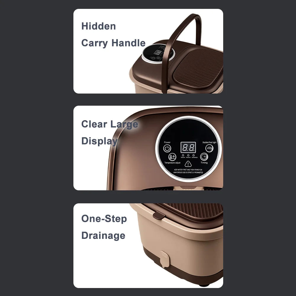 Brown, rectangular automatic foot spa with a handle, digital control panel, and a side drainage plug.