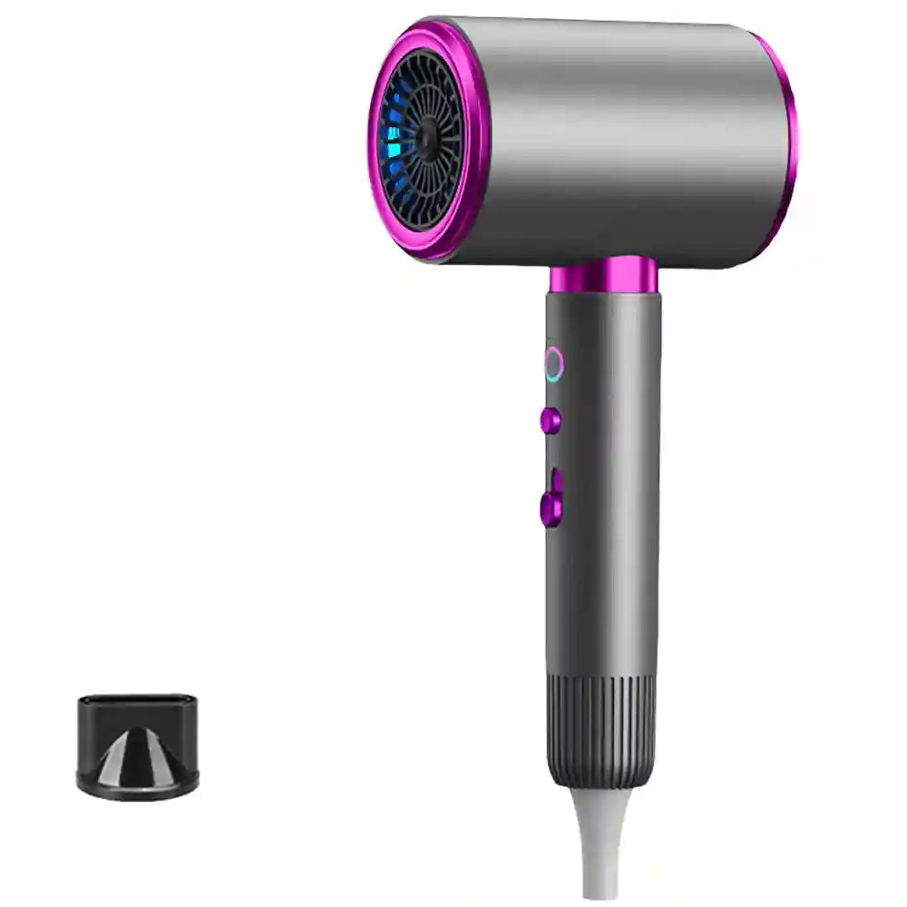 2400W professional high-speed hair dryer in grey and pink with curly hair nozzle and ergonomic heat control settings.