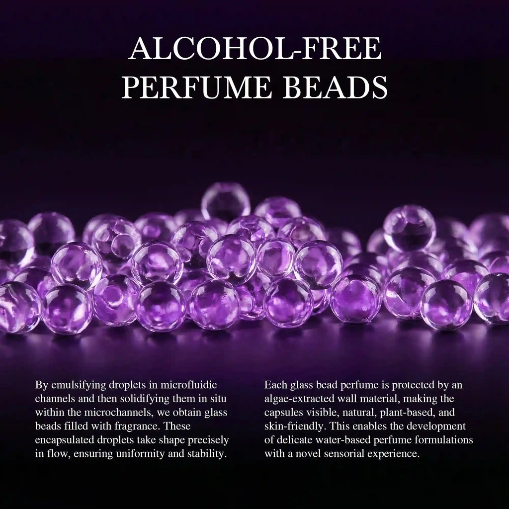 Alcohol-free pheromone perfume beads for women with rose, jasmine, and vanilla notes in round, glass-like bead spheres.
