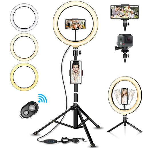 Adjustable black ring light with tripod stand, phone mounts, and Bluetooth remote for photography and video streaming.