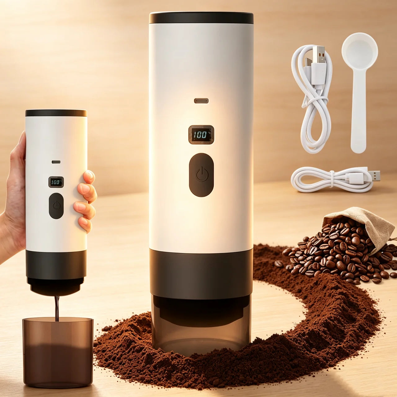 White portable electric coffee grinder with digital display, USB-C charging cable, and scoop on a wooden table.