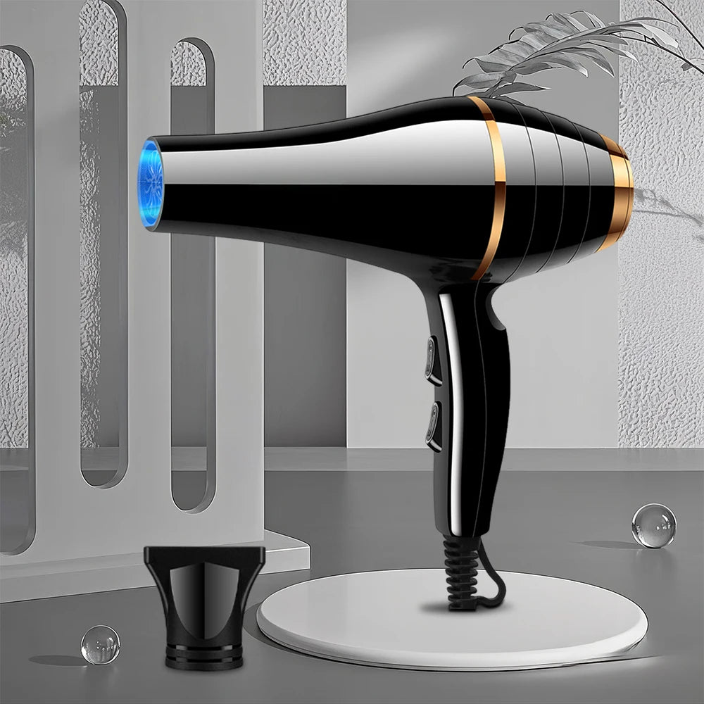 Professional black and gold 1800W ionic hair dryer with concentrator nozzle for fast, quiet salon-style drying.