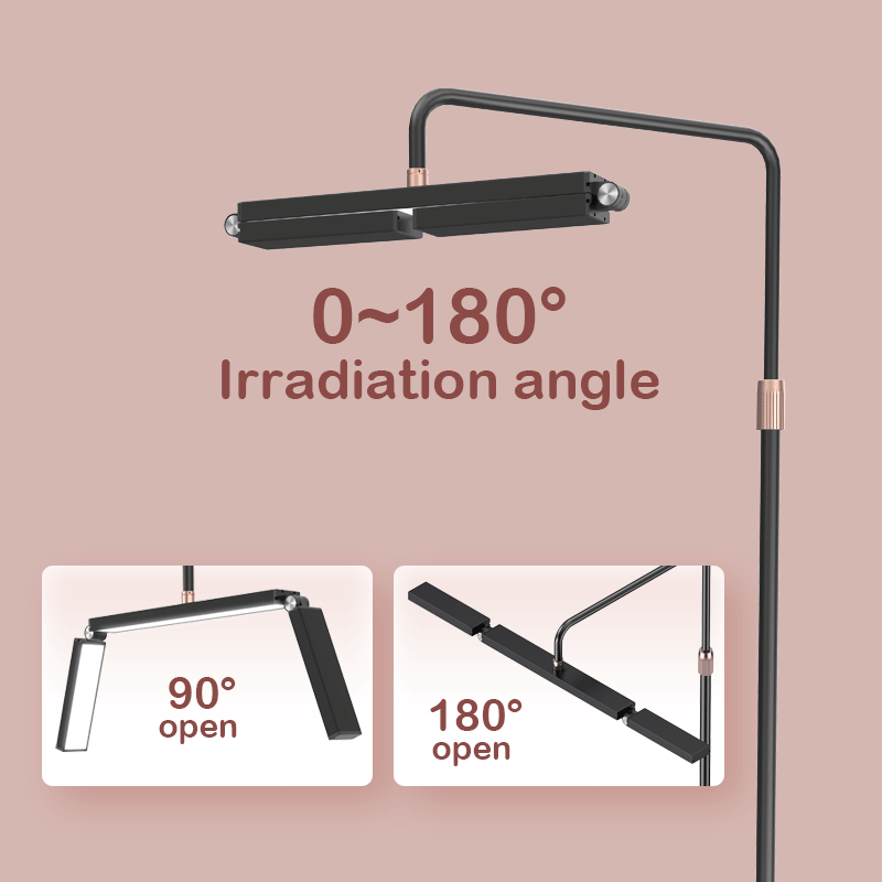 Black floor lamp with two hinged, adjustable horizontal light bars for flexible 0 to 180-degree illumination angles.