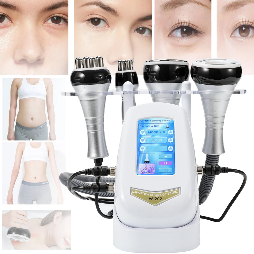 4-in-1 professional RF ultrasonic cavitation and EMS beauty device for facial lifting, wrinkle reduction, and body care.