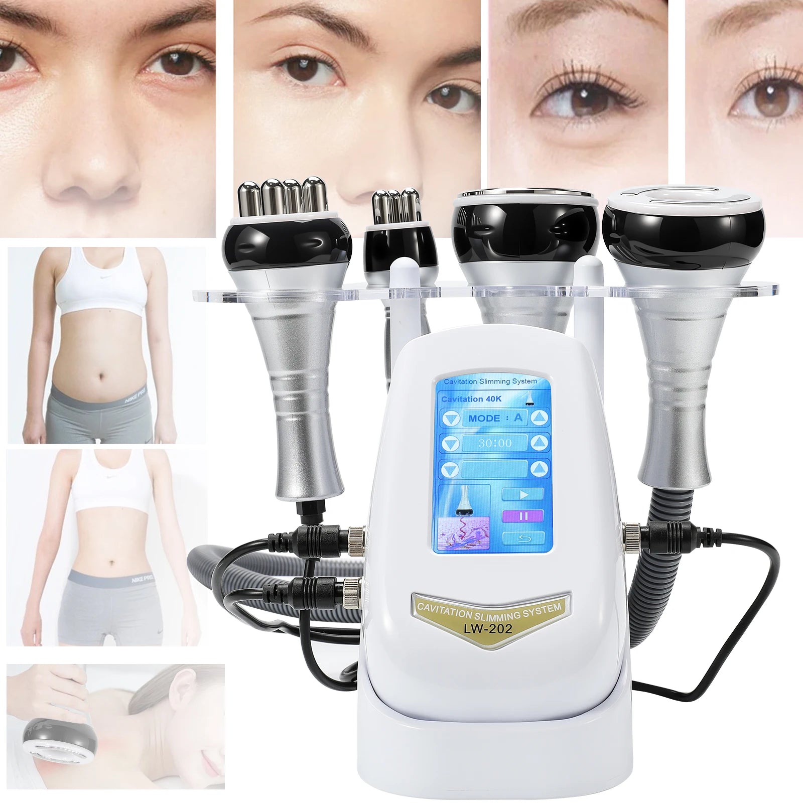 4-in-1 professional RF ultrasonic cavitation and EMS beauty device for facial lifting, wrinkle reduction, and body care.