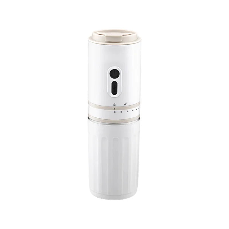 White portable electric coffee maker with locking lid, compact cylinder design for travel, and minimalist buttons.