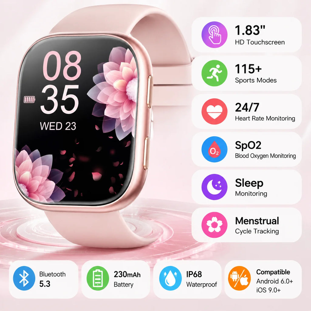 Ladies Smart Watch Fitness Tracker 2026 Updated Version 1.83" HD Screen 115+ Sports Mode Health Watch Sleep Heart Rate Menstrual Tracking Waterproof with 7 Bands Gift Box Women Birthday Gift