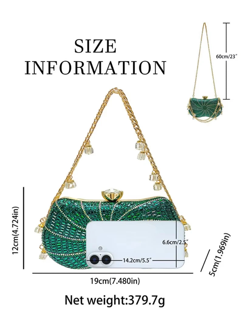 Emerald green crystal embellished evening clutch, designer handbag with gold chain strap and ornate clasp.