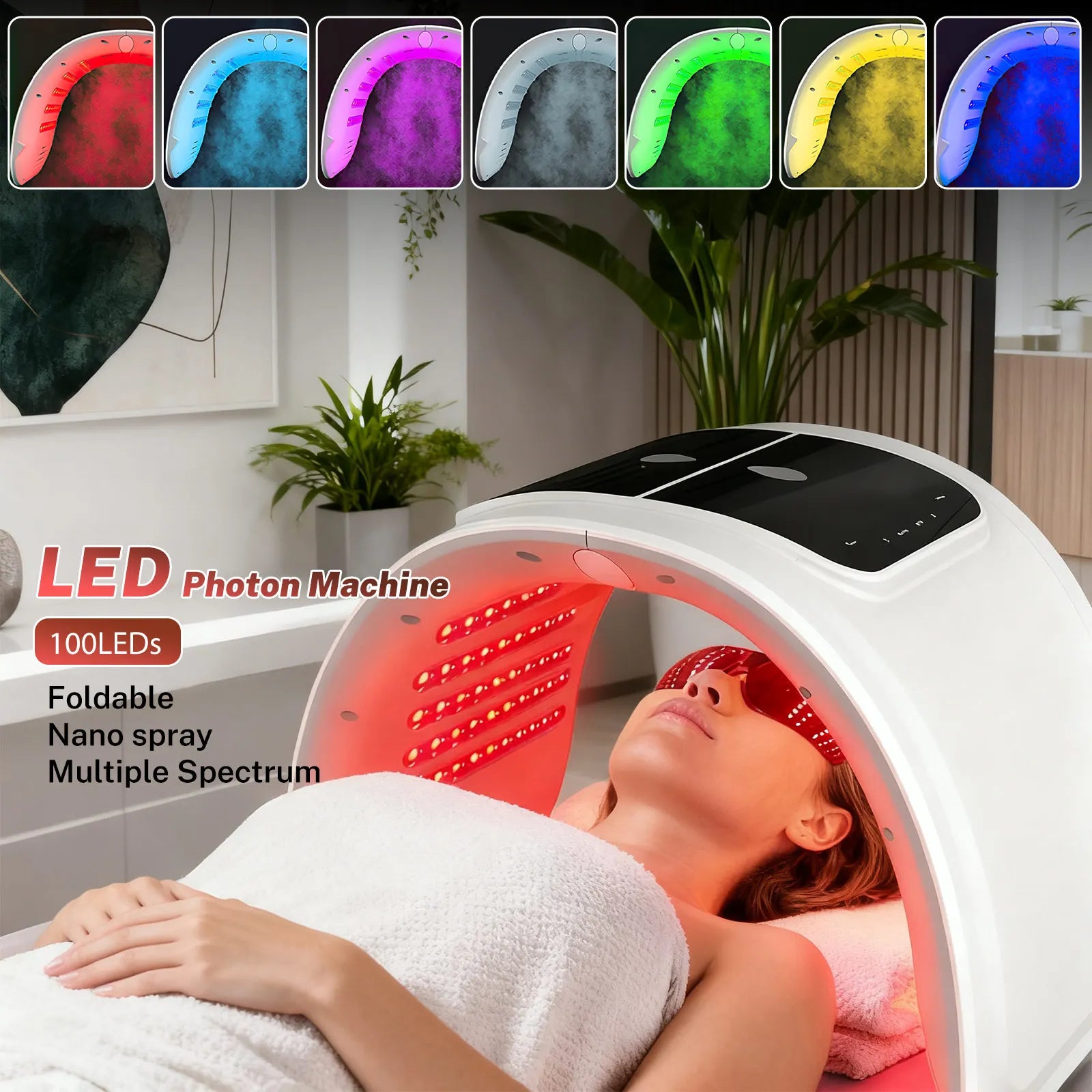 Foldable white LED photon therapy machine with multiple light colors for facial skin care treatments.
