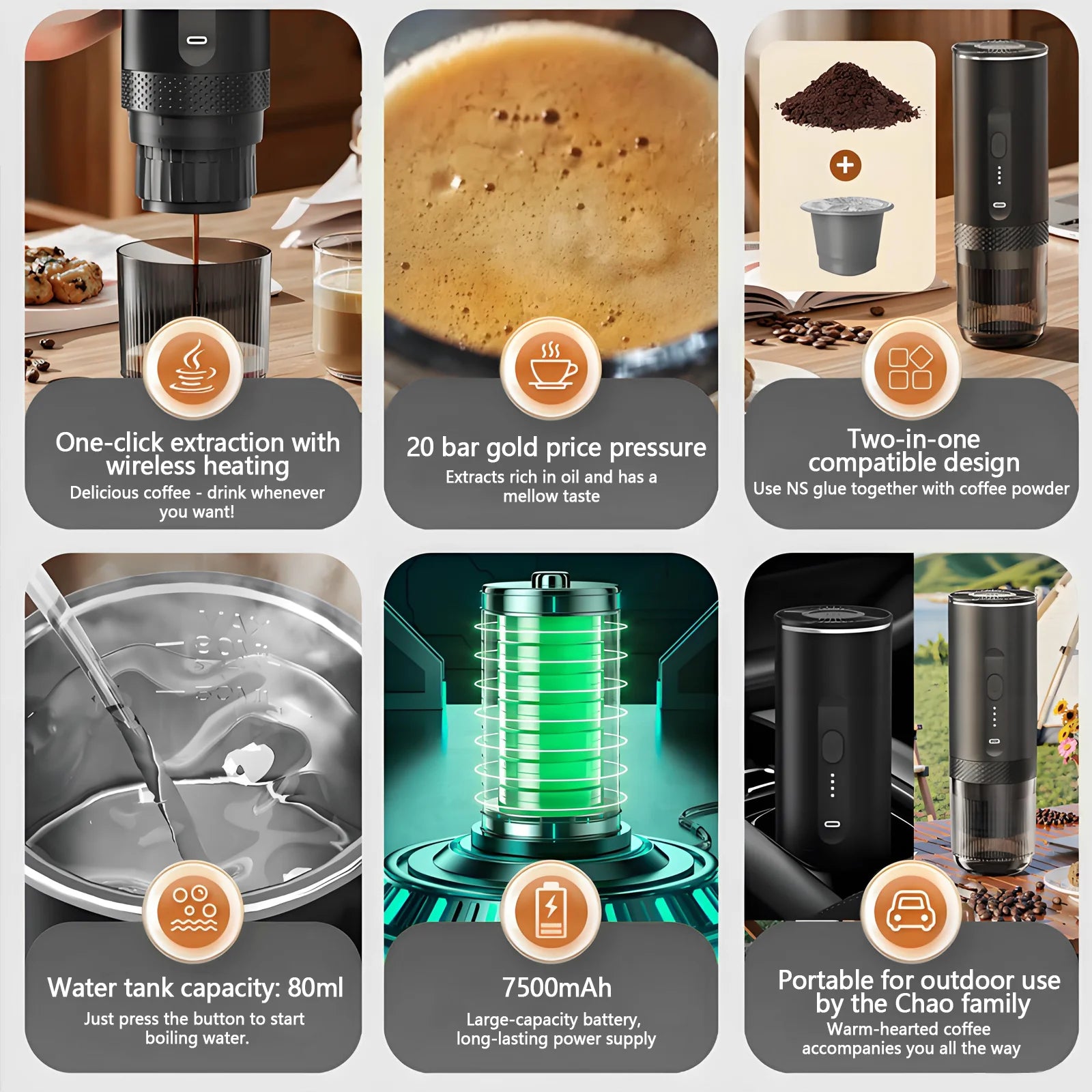 Black portable espresso maker with 80ml water tank, 20-bar pressure, battery-powered for travel coffee extraction.